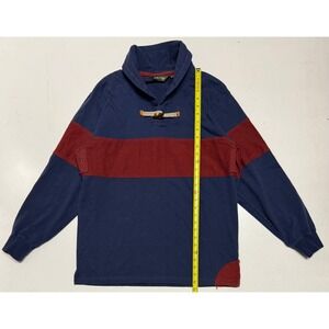 Orvis Mens Medium Navy Burgundy Colorblock Toggle Shawl Collar Long Sleeve Polo